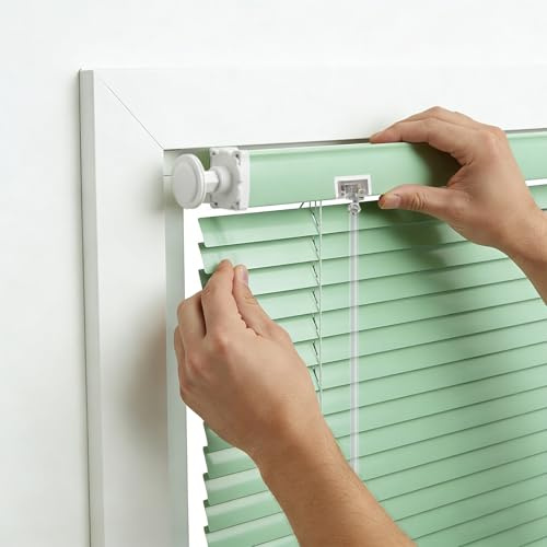 No Drill Venetian Blinds for Windows, Custom Aluminium Blinds with 25mm Horizontal Slats, Easy Fit, adjustable Room Darkening Shades for Home Kitchen(Light green)