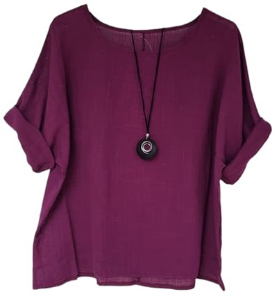 Kiran Fashion New Ladies 100% Cotton Tops Lagenlook One Size Plain for Summers Beach Casual (UK, Alpha, One Size, Regular, Regular, Magenta)