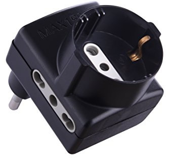 Electraline 70069 Adattatore con Spina Salvaspazio, Presa Tripla Schuko Bivalente, 10/16A, 230 V, Nero