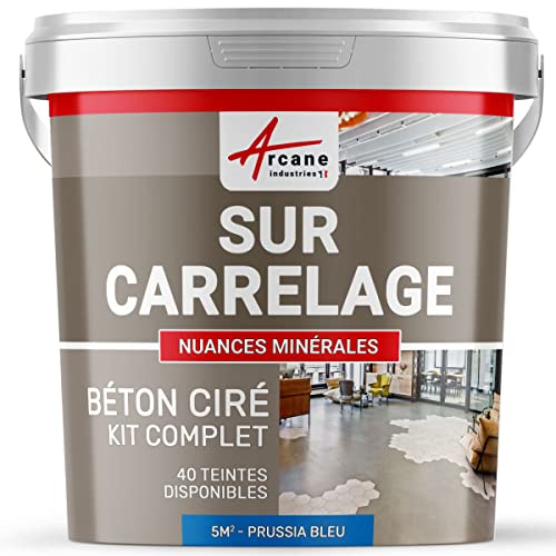 Béton ciré sur carrelage, cuisine, salle de bain, mural, sol, plan de travail, revêtement décoratif douche en kit - 5 m² (en 2 couches) Bleu Prusse - ARCANE INDUSTRIES