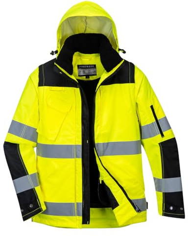 Portwest C469 Pro Hi-Vis 3-i-1 Jacka Löstagbara Ärmar Smutsavvisande Vinter | Gul/Svart, 2XL, EN ISO 20471 Klass 3, EN 342, Rund Halsringning, Normal Passform, Lång Ärm, 9 Fickor, Dubbel Pu-Belagd