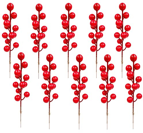 10pcs Christmas Holly Berries Artificial Berries Red Berry for Christmas Wreath Making Supplies,Picks Winter Berry Branches Red Berries on Stems for Xmas Tree,DIY Craft,Christmas Party Decorations