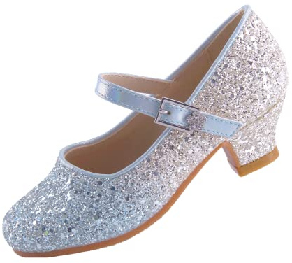 EIGHT KM Niñas Tacones Bajos Mary Jane Vestido Formal Bombas Zapatos EKM7015 Brillo Brillante Gradual Azul Talla 32
