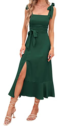 Abendkleider Elegant für Hochzeit Damen Sommer Sexy Spaghetti Kleid mit Schlitz Sommerkleid Hochzeitsgäste Festliche Hochzeitskleid Cocktailkleid Partykleid Abschlusskleid Lang Ballkleider Grün M