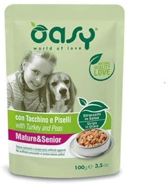 Oasy Cibo Umido Per Cane Straccetti Senior Tacchino e Piselli. 22 BUSTE DA 100g Cadauno
