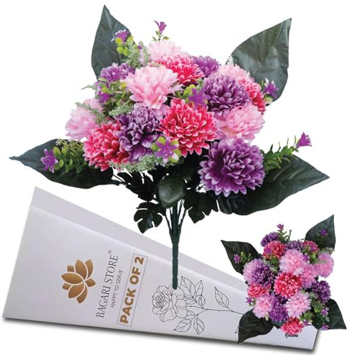 Bagari Artificial Flowers, Large Mixed Bush Grave Cemetery Flowers, 41cm Funeral Fake Flowers for Memorial Decoration, Hot Pink - Ivory & Wine Graveside Flowers for Outdoor & Indoor Floral Decoration
