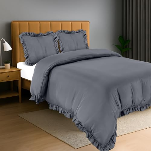 Utopia Bedding Housse de Couette à Volants220x240 cm avec 2 Taies d'oreiller 65x65 cm (Gris) - Parure de lit 220x240 cm - Ensembles de Housses de Couette en Microfibre brossée Douce