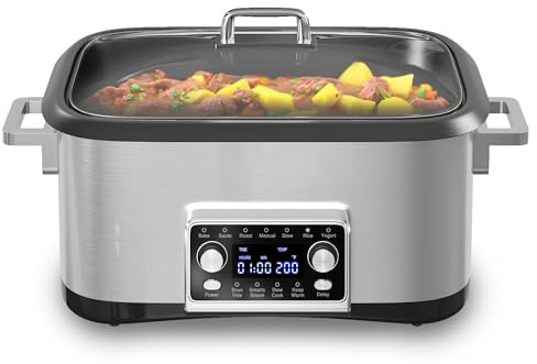 HEYNEMO 12-in-1 Programmable Slow Cooker, 8 Quart Slow Cooker with Timer, Temp Control and Auto Shut Off, Multi Cooker with Steaming Rack, Dishwasher-Safe Visual Glass Lid, Stainless Steel