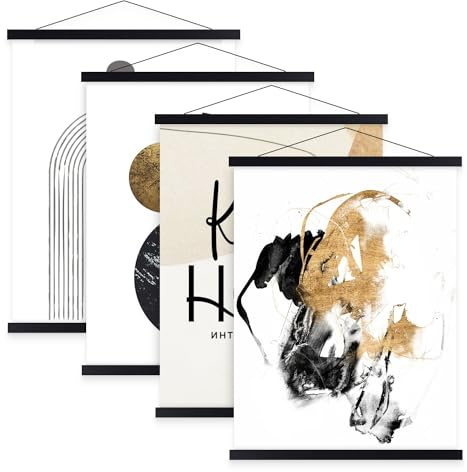 Benjia Lot de 4 rails d'affichage magnétiques, cadre d'affiche magnétique A1 61x91,5 cm en bois rail d'affichage suspension d'affiche pour impressions œuvres d'art (61cm, Noir, 4 paquets)