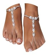 1Pair Summer Beach Rhinestone Barefoot Sandals Foot Chain Jewelry Wedding Crystal Pearl Leg Bracelet Toe Jewelry Bikini Rhinestone High Heel Anklet Shoe Chain for Women (Silver)