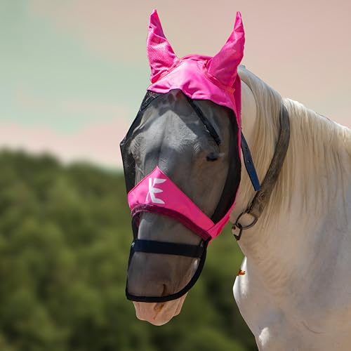 XE Máscara contra Moscas de Caballo con Orejas – Máscara de Caballo de Malla Transpirable para Cara Completa y Nariz para Protección UV y Mosca, Máscara Caballo (Full Pink Mask, Full (L))