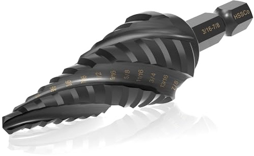 3/16-7/8 Inch Four Spiral Flute Step Drill Bit, M2 High Speed Steel 1/4 Hex Shank Step Drill Bit for Metal, Steel, Aluminum, Plastic Hole Drilling Cutting, 9 Step Size Step Bit