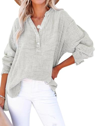 PADOLA Chemisiers et Blouses Femme Gaze de Coton Chemisier Femme Chic et élégant Chemise Henley Manches Roulées Décontracté Tunique Bouton Blouse Couleur Uni Tee Shirt été Haut Top (2 Gris Clair, L)