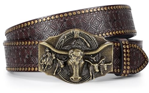 LEACOOLKEY Western cowboy läderbälte för män kvinnor cowgirl western landsbygdsbälte män spänne bälte för jeans byxor, B-kopparspänne kaffe, (120cm)Passform Taillenumfang 95cm-105cm