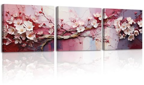 Piy Painting Lienzos Decorativos, Flor Rosa Lienzo Arte Pared, Impresiones Sobre Lienzo Flor De Cerezo, Romántica Impresión En Lienzo Para Dormitorio Salón Baño, 3 Piezas 30x30cm (90x30cm)