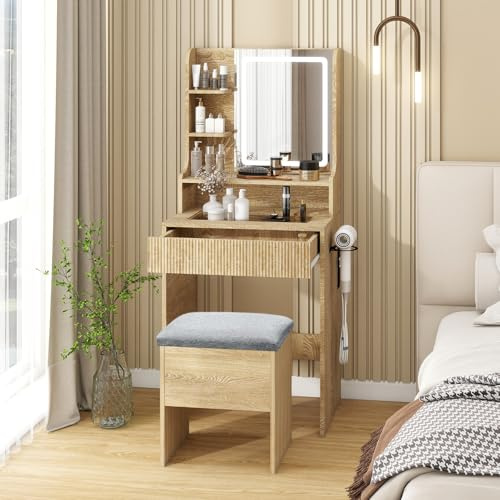 YOURLITE Dressing Table with LED Lights Mirror, Vanity Desk with Drawers