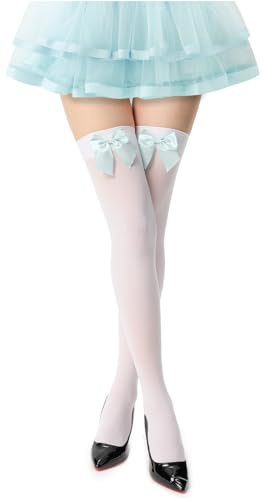 UXQEJO Women's Satin Bows Thigh High Stockings Hold-ups Snag-Resistant Knee High Long Socks