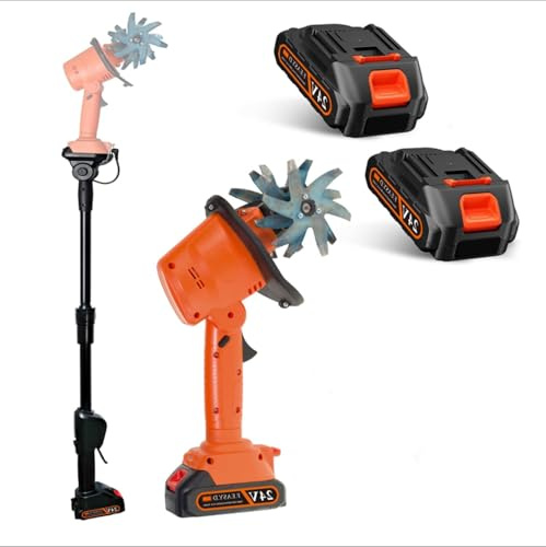Electric Garden Rotavator, Cordless Mini Tiller Cultivator, 21V Handheld Soil Cultivator, 235RPM, 4 Rows of Tines, 10cm Tilling Width, 10cm Working Depth, Includes 2 Batteries and Charger