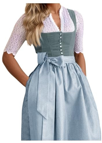 Oktoberfest Outfit Women Traditional Beer Oktoberfest Costume Elengant Square Neck Button Down Dirndl Dress with Lace Up Attached Apron 2 Pieces Bavarian Costume Fancy Dress