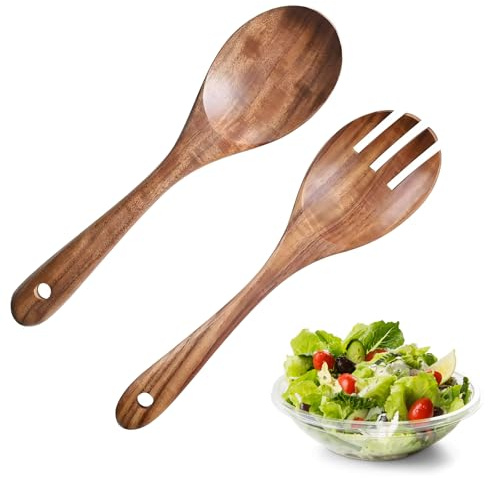 2 Pcs Wooden Salad Servers Set with Long Handles, Fork and Spoon Serving Utensils for Tossing and Mixing, Ideal for Salad Bowl and Servers, Kitchen Dining and Party Use