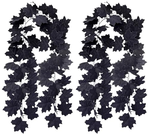 DAVBNM 2 Pack Fall Maple Leaf Garland, Artificial Autumn Foliage Garland, Hanging Vine Halloween Decor for Home Fireplace Party, Black
