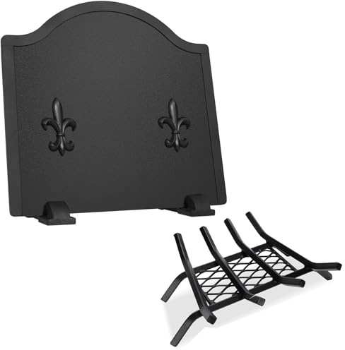 Bundle of 15.5 Heavy Duty Cast Iron Fireplace Grate with Ember Retaine, and 16.5 Firebacks for Fireplace, Steel Fireplace Back Plates with Feet