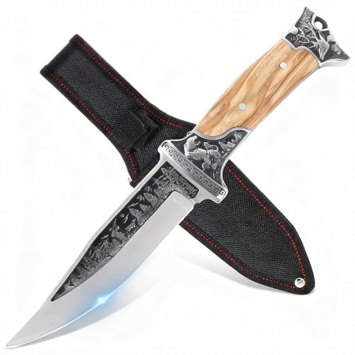 GER-SABER Outdoormesser 23cm – Clip-Point Klinge mit Tier-Gravur und verziertem Design, Klassischer Handschutz aus Edelstahl, Ergonomischer Holzgriff Varianten, Robuster Outdoor Begleiter (Weiß)