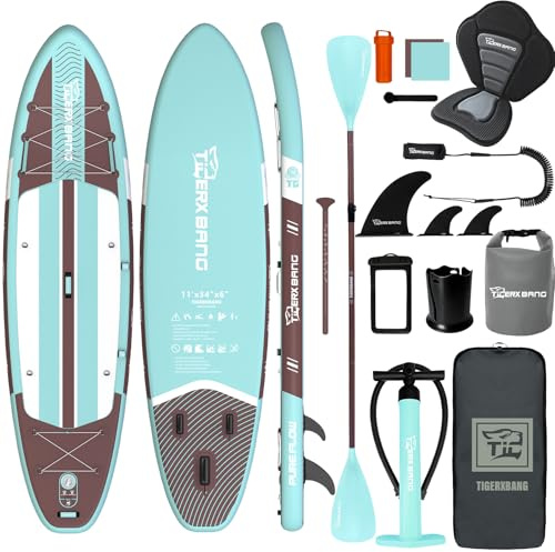 TIGERXBANG Inflatable Stand Up Paddle Board, 11'x34 x6, Ultra Wide SUP with Seat, Cup Holder, Dry Bag, Repair Kit, Waterproof Phone Case, Double-Head Paddle, for All Skill Levels (Aqua Green)