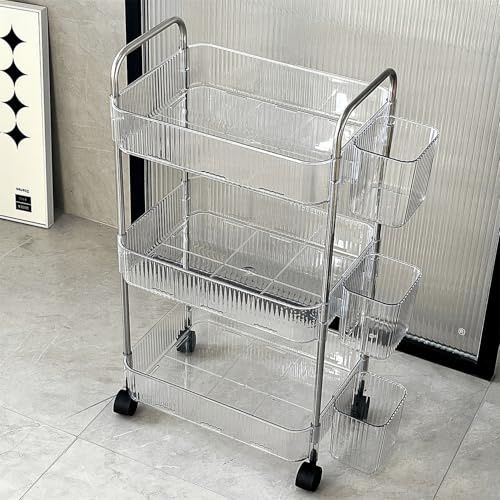 3 Tier Clear Storage Trolley with Metal Frame Plastic Storage Shelf on Wheels Transparent Rolling Utility Cart with Hanging Baskets for Bathroom Laundry Room Kitchen Organiser Freestanding