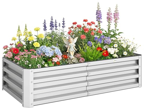 Outsunny Letto per Orto Rialzato da Esterno 182L, Fioriera da Balcone in Acciaio Galvanizzato con Fondo Aperto, per Piante, Fiori e Verdure, 120x60x30.5cm, Argento