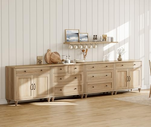 WAMPAT Oak Sideboard Cabinet with 8 Drawers and 4 Doors, Vintage Wood Grain Design, Buffet Cabinet with Storage，Coffee Bar for Dinning Room, Kitchen and Living Room