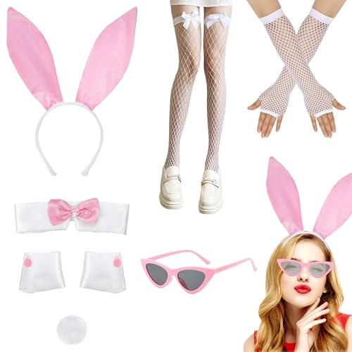 PYSEOSISE Costume Lapine Femme, 7 Pièces Déguisement Lapin Adulte, Ensemble Lapin Rose et Blanc avec Serre-tête Oreilles de Lapin Col Nœud Papillon Manchettes Queue de Lapin Gants Bas Résille