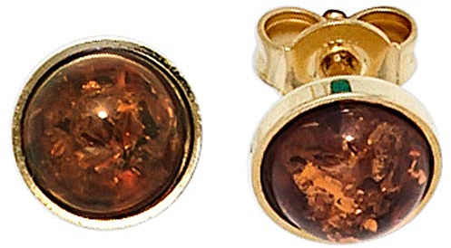 Jobo Damen Ohrstecker rund 333 Gold Gelbgold 2 Bernsteine orange Ohrringe Bernsteinohrringe