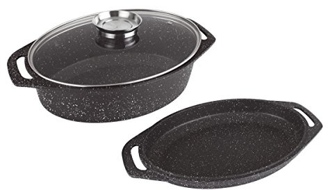 Kamberg – 0008049 – Dreiteiliger flacher Schmortopf 38 x 26 x 12,8 cm – Aluminiumguss – Beschichtung in Steinoptik – Mit Glasdeckel – Für alle Herdarten, auch Induktion – PFOA‑frei