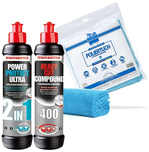 Detailmate Auto Politur Set - Menzerna Autopolitur Heavy Cut Compound HC-400, 250 ml - Menzerna Lackversiegelung Power Protect Ultra 2 in 1, 250 ml - extra langfloriges Mikrofaser Poliertuch 450 GSM