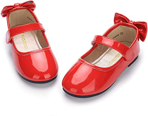 PANDANINJIA Toddler/Little Kid Girl's Angela Dress Mary Jane Ballet Flats Bow Flower Girl Wedding Party Ballerina Flat Shoes (Red Patent, 8 M US Toddler)