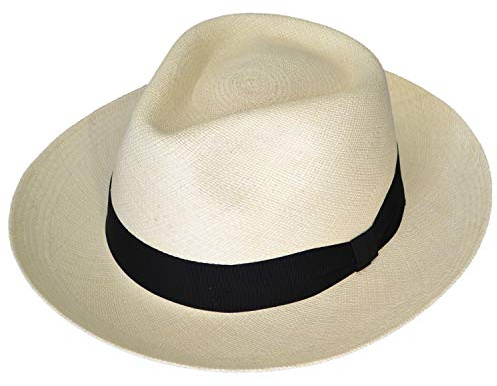 Genuine Panama Hats - Teardrop Classic Straw Fedora - Brisa Weave - Black Band - Handwoven in Ecuador - Hatbox Included (Natural, Medium)