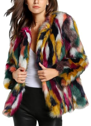 Gihuo Women’s Multicolor Faux Fur Coat Winter Warm Gradient Color Outwear Jacket Fall Shaggy Furry Open Front Cardigan (Multicolor-L)