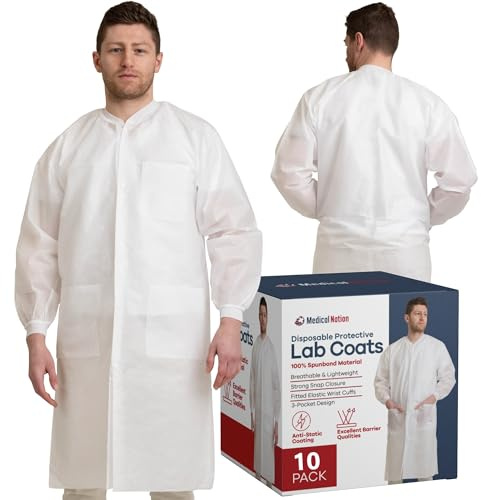 Medical Nation 10 Pack Disposable Lab Coats - Durable 50g SMS Knee Length Reusable Lab Coat with Knit Cuffs and Pockets, Unisex | For Dental, Hospitals, Pharmacies, Labs, Clinics- White, Extra Large