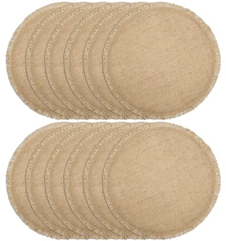 FunWheat Burlap Round Braided Placemats Set of 12 for Dining Tables 15 Inch Heat Resistant Jute Table Mats Farmhouse Woven Fabric Natural Place mats for Fall Decoration (Twine Circle)