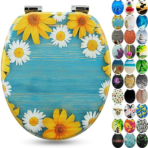 SANFINO® Premium WC Sitz mit Absenkautomatik – hochwertige Toilettendeckel aus Holz, viele bunte Motive, hoher Sitzkomfort, einfache Montage inklusive Montageanleitung – Daisies