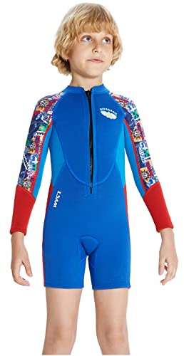 YuanDiann 2.5mm muta per bambini shorty ragazzi ragazze manica lunga cerniera anteriore costume da bagno termico protezione solare neoprene un pezzo corto nuoto surf muta ragazzo blu S
