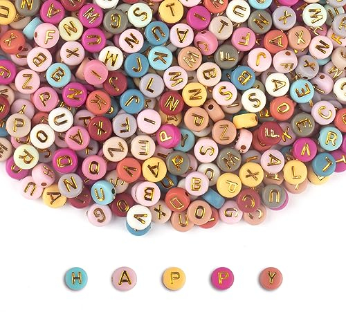 SUTOUG 1000PCS A-Z Buchstabenperlen, 4 x 7 MM bunte Perlen zum Auffädeln, runde Acrylperlen für Armbänder Schmuck DIY Making Crafts Halsketten Ornamente Anhänger Zubehör-Gold