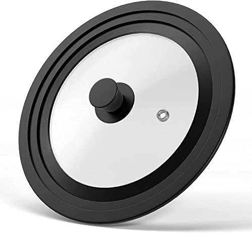 Universal Lid for Pots, Pans and Skillets - Tempered Glass Covered with Heat Resistant Silicone Rim and Heat Resistant Handle Fits 28cm, 30cm and 32cm Diameter Cookware, Black