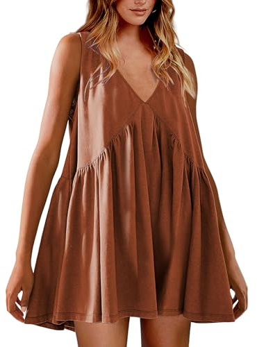 Prliuosu Womens Babydoll Dress Summer Sleeveless Mini Dress Casual Loose V Neck Swing Flowy Beach Sundresses with Pockets (US, Alpha, Medium, Regular, Regular, Rust)