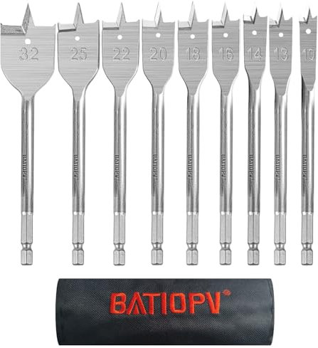 BATIOPV Juego de Brocas de Pala para Madera, 9 Piezas, Ø 10-32 mm, Vástago Hexagonal de Cambio Rápido de 1/4, Ideal para Carpintería y Plásticos, Incluye Bolsa de Almacenamiento de Nailon