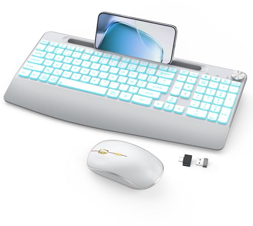 JOYACCESS Clavier et Souris sans Fil Rétroéclairés, Rechargeables, Support Téléphone, Repose-Poignets, Récepteur USB, Compatible PC Mac Windows – Blanc Argent