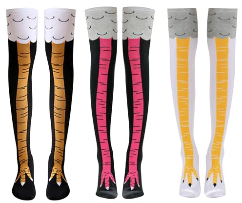 Dam kyckling benstrumpor 3-pack coola funky djur tass tecknad cosplay kyckling ben knähöga mitten av vaden presentstrumpor, Flerfärgad lång, one size