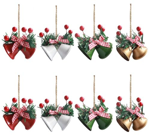 Lot de 8 Décoration de Cloches de Noël, Pendentif Cloche Ornements Grelots Cloche en Métal avec Rubans Décoration Baies Artificielles, pour Décorer Sapin de Noël Fenêtres Porte