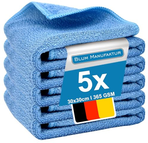 BLUM MANUFAKTUR Uppsättning av 5 mikrofiberdukar (30 x 30 cm) – 5 x mikrofiberdukar – Super Soft 365 GSM rengöringsdukar för bil, badrum, kök